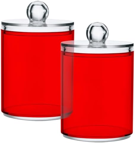 Gredecor 4 Pack Red Qtip Holder Organizer Dispenser Clear Bathroom Storage Canister Cotton Ball Holder Bathroom Containers for Cotton Swabs/Pads/Floss