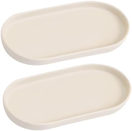 2 Pack Matte Beige Round Soap Dispenser Tray - 8'' Ceramic Vanity Tray & Organizer Plate Set, Bathroom & Kitchen Countertop Decor for Soap Dispenser, Jewelry, Cosmetics, Sink