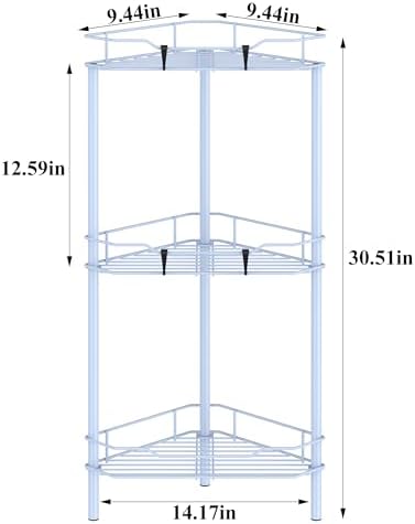 HuggieGems Metal Floor Standing Corner Shower Caddy, Blue, 3 Tier
