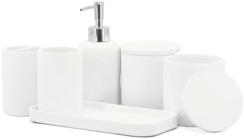 ZCCZ White Bathroom Accessories Set 6 Pieces - Toothbrush Holder, Lotion Dispenser, Qtip Container, Vanity Tray, Tumbler - Countertop Organizer for Bathrooms - Elegant and Functional Décor Set