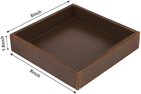 HofferRuffer Faux Leather Vanity Tray, Elegant Desktop Storage Organizer, Decorative Catchall for Perfume, Bathroom Valet, Nightstand or Dresser, 8 x 8 x 1.8 inches (Brown)