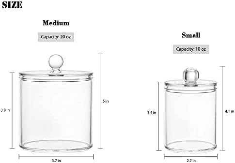 Qtip Holder Storage Organizer Set, 4 Pcs Clear Plastic Apothecary Jar with Lid, Bathroom Organizer Canister for Cotton Ball, Cotton Swab, Cotton Round Pads, Floss, Bath Bombs, Spa Salts, Powder Puffs