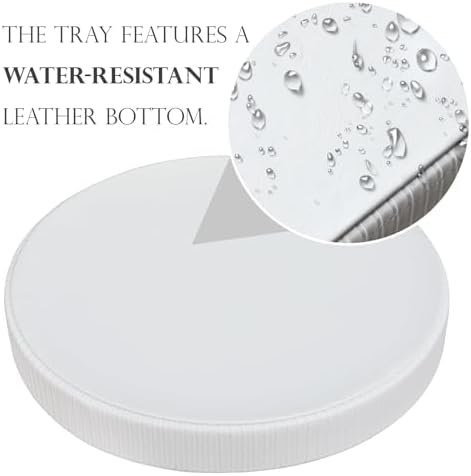 HofferRuffer Round Decorative Tray, Faux Leather Vanity Tray Decor, Decorative Catchall for Perfume, Bathroom Valet, Nightstand or Dresser (White Stripe, Round-12" x 12" x 1.6")