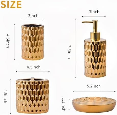 Bathroom Accessories Set Complete, Ceramic 4 Piece Bathroom Set Accessories Bath Accessories Set Complete Soap Dispenser Set with Toothbrush Holder, Soap Dispenser, Tumbler and Soap Dish,Golden