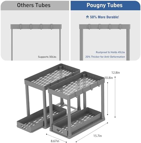 2PC Under Sink Organizer Rack 2 Tier Under Sliding Cabinet Basket Organizer Drawer with 4 Hooks, Multi-purpose Under Sink Storage for Bathroom Kitchen Desktop（Grey）