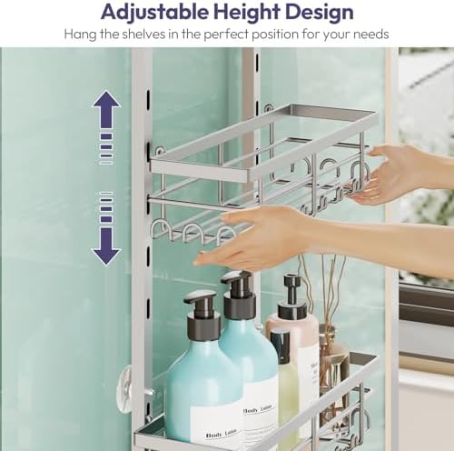 SWTYMIKI Over The Door Shower Caddy - 4 Tier Rustproof Hanging Shower Organizer with Adjustable Shelves, 40 Hooks & Soap Holder, Hanging Shower Rack Storage for Bathroom Accessories, Silver