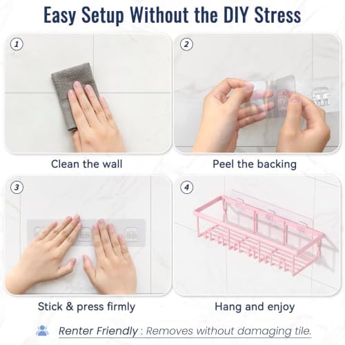 8 Pack Adhesive Rustproof Shower Caddy with Soap Dishes, Toothbrush Holder & Hooks, Large Capacity No-Drilling Shower Shelves Rack for Bathroom Organizers and Storage Accessories, Pink