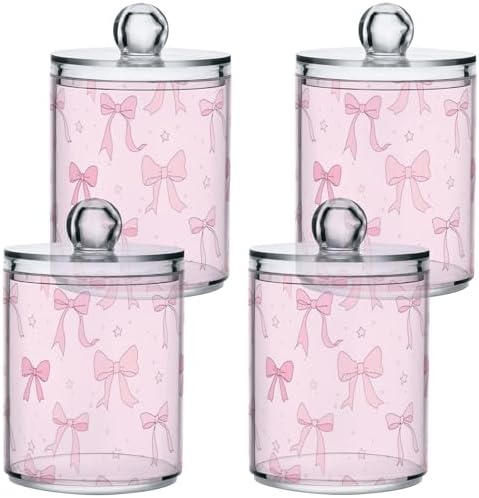 Gredecor 4 Pack Qtip Holder Clear Pink Ribbon Bow Star Apothecary Jars with Lids Acrylic Bathroom Jars Vanity Countertop Canister Storage Organizer for Cotton Ball,Swabs,Pads,Floss