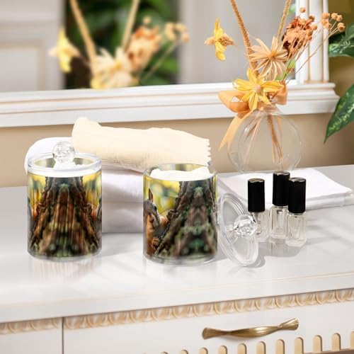 Squirrel Peeking Pattern Qtip Holder 2 Pack - 10 Oz Clear Plastic Apothecary Jar Set for Bathroom Organization - Versatile Canister Storage for Cotton Balls, Swabs, Rounds