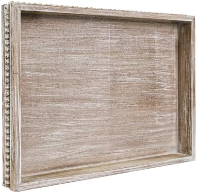 Wooden Decorative Tray, Rectangular Serving Tray with Wood Bead, Farmhouse Big Tray for Ottoman, Countertop, Coffee Tabl, 16.5" x 13"x 1.6" (White Washed)