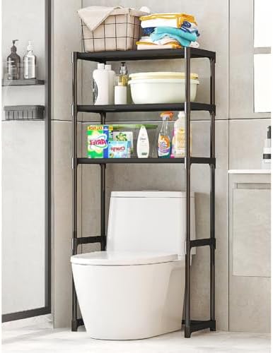 Over The Toilet Storage Rack, 3 Tier Bathroom Organizer Shelf with Toilet Paper Holder, Freestanding Space Saver Toilet Stands, Multifunctional Above Toilet Shelf for Bathroom Black