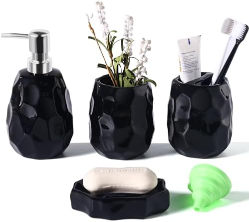 Ceramic Bathroom Accessories Set 4 PCS,Bathroom Toothbrush Holder Set,Soap and Toothbrush Holder Set,Include Toothbrush Holder,Soap Dispenser,Soap Dish,Tumbler,Bathroom Sets Decor Organizer (Black)