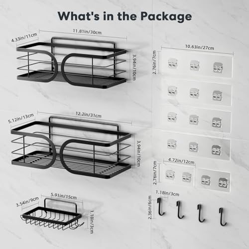 Shower Caddy 3 Pack with Soap Holder No Drill Wall Mounted 304 Stainless Steel Durable Large Capacity Adhesive Shower Rack Organiser Quick Dry Rustproof Bathroom Storage Shelves(Black)