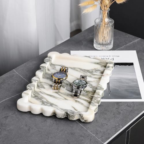 Wave Edge Rectangular Marble Tray for Home Decor for Bathroom/Kitchen/Vanity/Dresser Non-Resin (arabescato, 11.4“*7.8”)