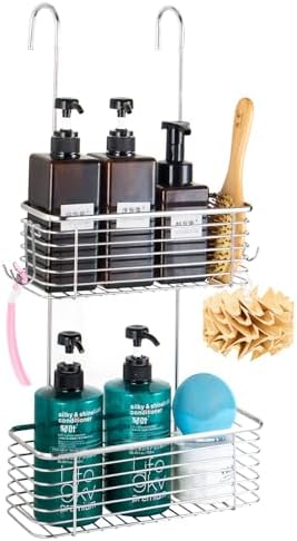 YQh Stainless steel double-layer shower rack, shower room hanging bathroom organizer, storage rack installed on the hanging bar or door, can store shampoo, hair conditioner, shower gel (double)