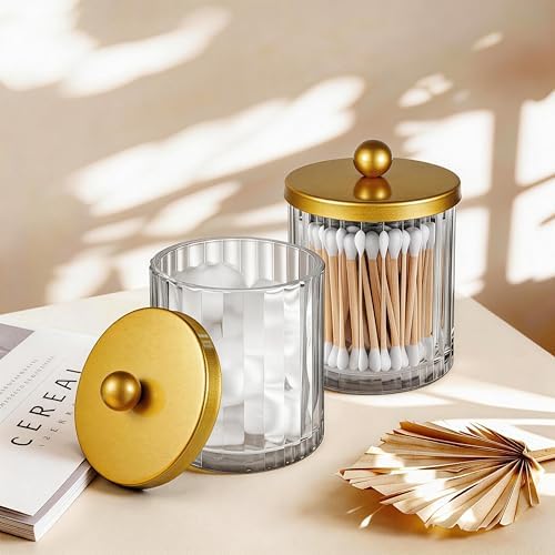 Amolliar Qtip Holder for Bathroom, Clear Glass Apothecary Jar(Gold 2 Pack)
