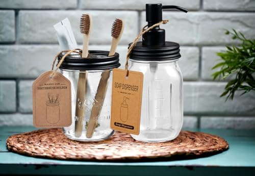 SheeChung Mason Jar Bathroom Accessories Set, 2Pcs Glass Bathroom Accessory Set, Soap Dispenser, Toothbrush Holder, Bathroom Decor, Rustic Farmhouse Decor - Black (Pack of 2)