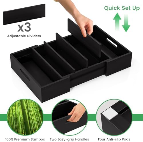 Kiasthome Expandable Bamboo Lid Organizers Inside Cabinet, Kitchen Cabinet Organizers with 3 Adjustable Dividers, Storage Plastic Lids, Food Container Lid Holder Organizer for Drawer Pantry, Black