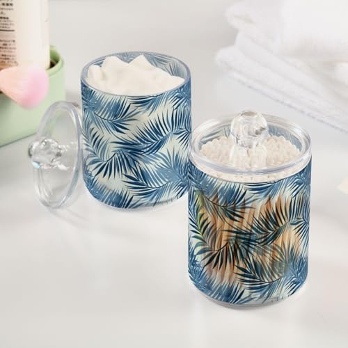 2 Pack Qtip Holder Organizer Dispenser Blue Tropical Leaves Bathroom Storage Canister Cotton Ball Holder Container for Cotton Pads/Swabs/Floss