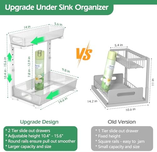 ADRIMER Under Sink Organizer 2 Packs, Pull Out Kitchen Sink Organizer, 2 Tier Slide Out Kitchen Organizers and Storage Bathroom Under Cabinet Storage Shelf, Transparent & White