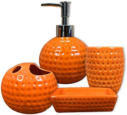 bbruriy 4-Pieces Orange Ceramic Bathroom Decor Accessory Set Includes Soap Lotion Dispenser,Soap Dish,Cup and Toothbrush Holder