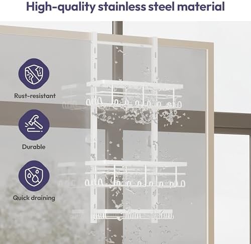 SWTYMIKI Over The Door Shower Caddy - 3 Tier Rustproof Hanging Shower Organizer with Adjustable Shelves, 28 Hooks & Soap Holder, Hanging Shower Rack Storage for Bathroom Accessories, White