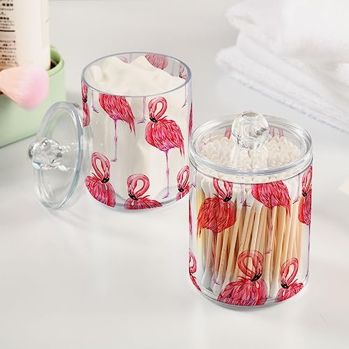 2 Pack Apothecary Jars Bathroom Pink Flamingo Qtip Holder Storage Canister Clear Plastic Jar with Lid for Cotton Ball, Cotton Swab