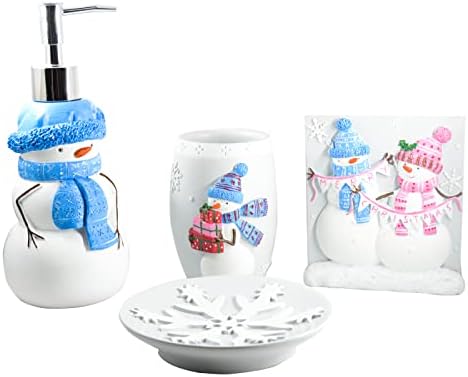 Christmas Bathroom Accessories Snowman Bath Set with Soap Dispenser,Toothbrush Holder, Bath Tumbler and Snow Soap Tray White