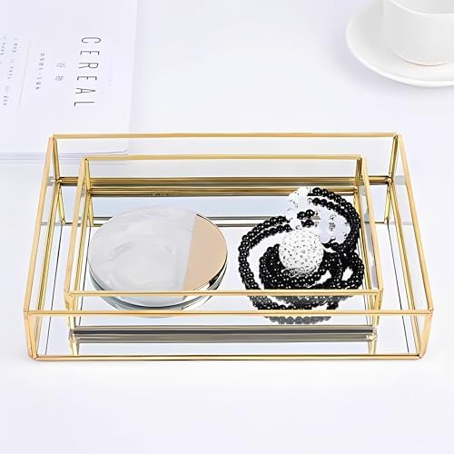 Sooyee Gold Square Mirror Tray, 8"x8" Metal and Glass Decorative Tray for Jewelry, Perfume, Makeup, Vanity, Dresser, Bathroom, Bedroom, Office, Coffee Table