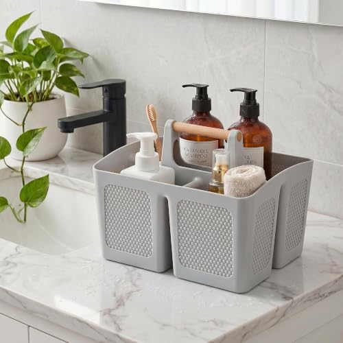 Haundry Plastic Light Gray Shower Caddy Basket with 3 Compartments, Portable Divided Bathroom Cleaning Caddy Organizer Storage Tote with Handle for Dorm, College, Room Essentials