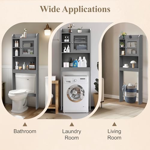 ZENY Over The Toilet Storage Cabinet, Bathroom Organizer with Adjustable Shelf and Double Doors, Freestanding Bathroom Space Saver Toilet Rack (Gray)