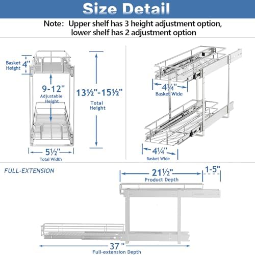 2 Tier Individual Pull Out Cabinet Organizer 5½" W x 21½" D, Heavy Duty Cabinet Pull Out Shelves, Slide Out Drawers Organization for Kitchen Cabinets Bathroom