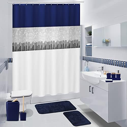 24PCS Bathroom Sets with Shower Curtain and Rugs, Navy Blue Bathroom Accessories Set Navy Blue Shower Curtain Set Bathroom Accessories with Bathroom Trash Can