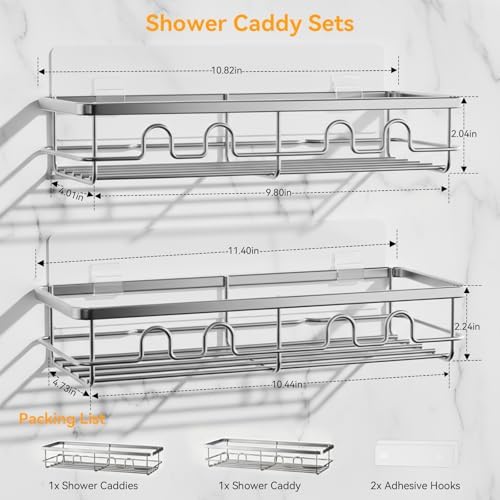 Adhesive Shower Caddy, Large Capacity Shower Racks for Inside Shower, No Drill Bathroom Shower Organizer and Storage, 2 Pack Silver Bathroom Shelves, Home Decor Rv Accessories, Apartment
