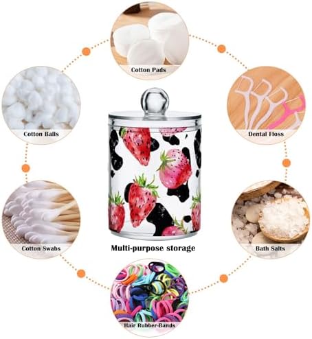 Watercolor Strawberries Cow Print Qtip Dispenser Set of 2, Apothecary Jars Bathroom Canister Storage Organization for Cotton Ball, Cotton Swab, Cotton Round Pads, Floss 10 Oz