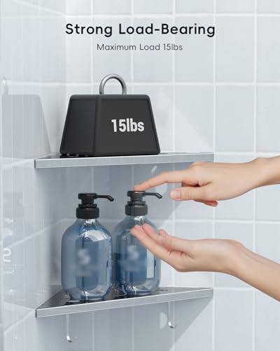 DAYONE 2 Pack Corner Shower Shelves 10", Chrome 304 Stainless Steel Recessed Bathroom Shelf with Razor Holding Hole and 2 Hools, for Tiled Wall No Drilling Needed
