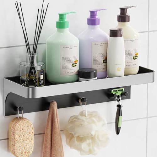 Shower Caddy Adhesive with 5 Hooks & Drainage, No-Drill, Silver