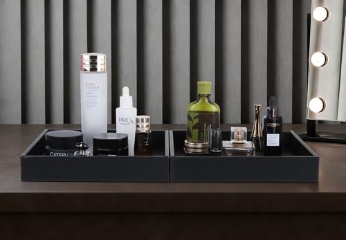 HofferRuffer Faux Leather Vanity Tray, Elegant Desktop Storage Organizer, Decorative Catchall for Perfume, Bathroom Valet, Nightstand or Dresser, 10" x 10" x 1.8" (Black)