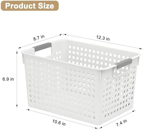 Soddeph 4 Pack Plastic Deep Storage Basket with Handles, Cubbies Organizer Bins with Hollow Design for Under Counter, Closet, Kitchen or Bathroom 12.3" × 8.7" × 6.9"(White, Medium)