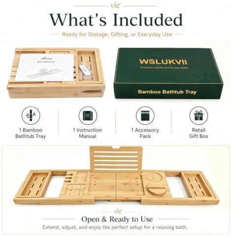 Bamboo Bathtub Tray, Expandable Foldable Bath Caddy, Natural