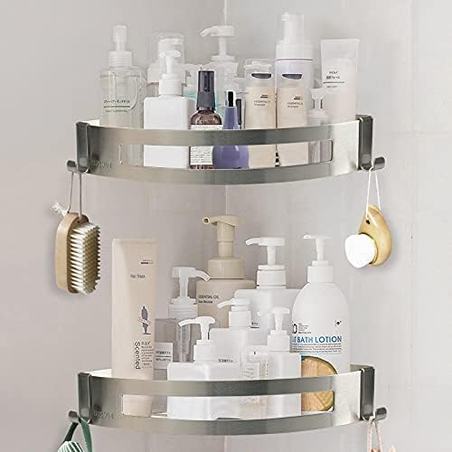 NearMoon Bathroom Shower Caddy 2 Pack, 304 Stainless Steel Shower Organizer with 2 Hooks, No Drill (Corner Shelf, Brushed Nickel)