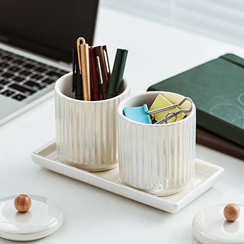 Ceramic Bathroom Canister Set with Coordinating Small Vanity Tray White