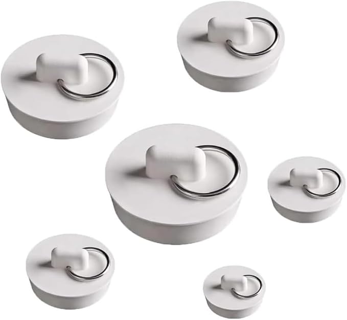 Pack of 6 Rubber Sink Stoppers, White Plugs for Sink with Hanging Ring, 6 Sizes Bath Plug, Sink Plug, Bathtub Rubber Stopper