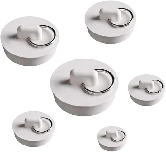 Pack of 6 Rubber Sink Stoppers, White Plugs for Sink with Hanging Ring, 6 Sizes Bath Plug, Sink Plug, Bathtub Rubber Stopper