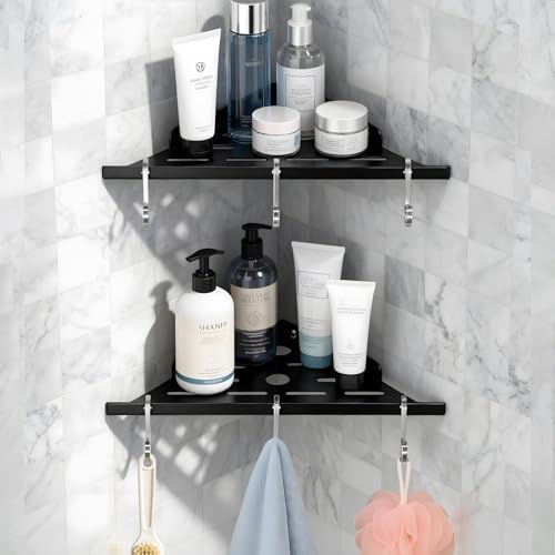 2Pack 10" 304 Stainless Steel Corner Shower Shelf 6 Hooks 40Lb Drill Black