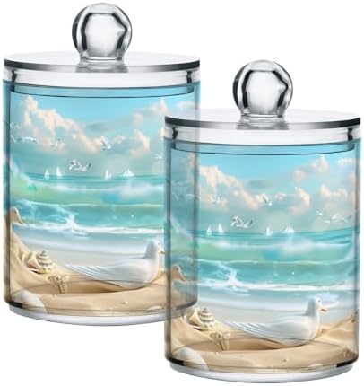 ALAZA 2 Pack Qtip Holder Beach Scene Seagulls, Cotton Swab Dispenser with Lid Bathroom Containers Canister Organizer Storage Jar
