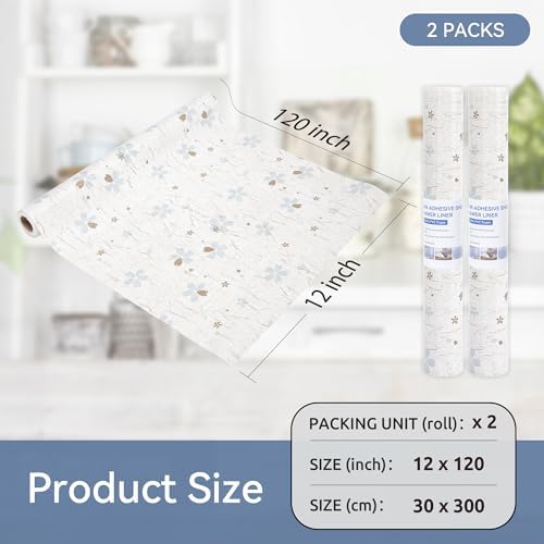 FIFTY FEET 12"x120" Non-Adhesive Shelf Liner for Kitchen Cabinets and Drawers, Washable Non-Slip PVC Cabinet Liner (White Floral)(2 Roll)