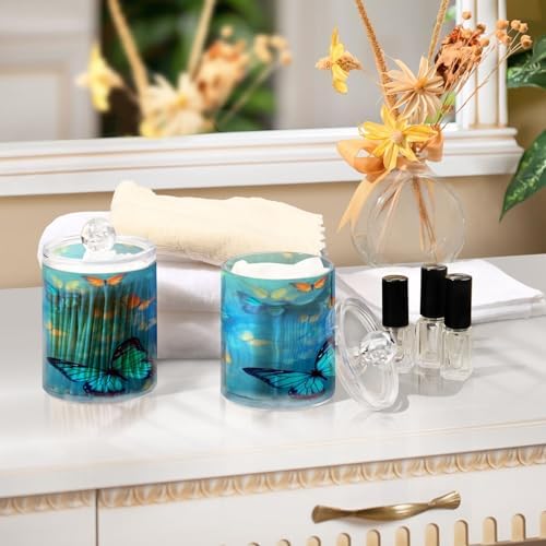 Blue Butterflies Qtip Holder 2 Pack - 10 Oz Clear Plastic Apothecary Jar Set for Bathroom Organization - Versatile Canister Storage for Cotton Balls, Swabs, Rounds