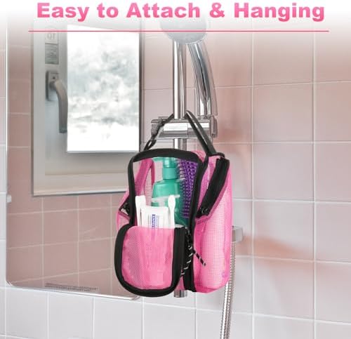 Cosmos Mesh Shower Caddy Toiletry Organizer Hanging Shower Tote Bag, Quick Dry Shower Organizer Portable Bath Bag with Durable Zippers & Side Pockets for Travel Gym Swimming Beach & Camp (Hot Pink)
