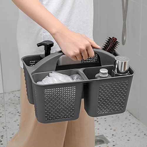 Plastic Portable Shower Caddy Basket with Handle, 3 Compartments, Dark Grey